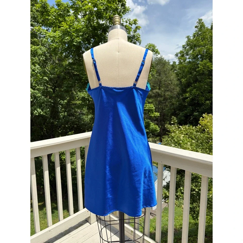 Vintage Satin Slip Dress Small Blue Turquoise Lace Trim Y2K Coquette Jones NY - Picture 5 of 10